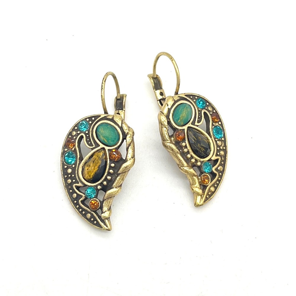 Gold Tone Paisley Leverback Earrings Teal Amber Rhinestone Boho‎ Style